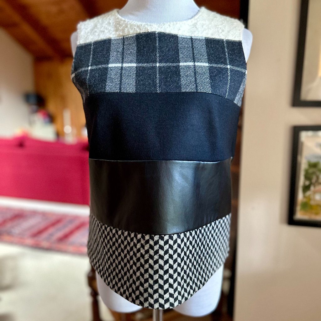 Nwt - Maxmara Ivory Black Vegan Leather Jersey Wool Plaid Agar Sleeveless Tops